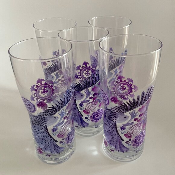 Anthropologie Nordic Sunrise Juice Glass PURPLE BIRD - SET of 5 GLASSES